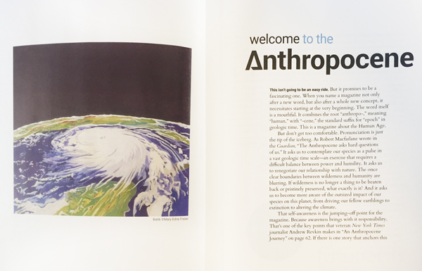 Anthropocene Magazine, October 2016, first page spread featuring Mary Edna Fraser's batik on silk "Hurricane Katrina"
